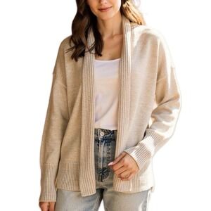 White + Warren Linen Open Front Cardigan Sweater Large Natural Lightweight Knit